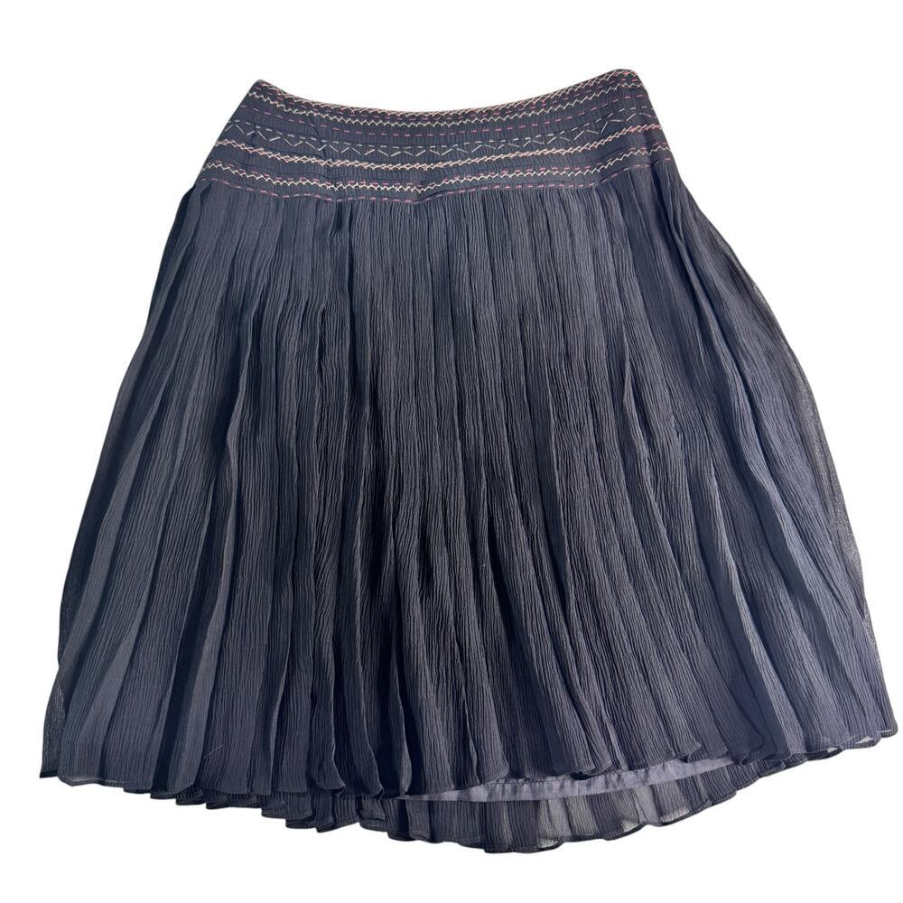 Black Pleated Midi Skirt Sheer Layer Boho Festival Elastic Waist Side Zip Small